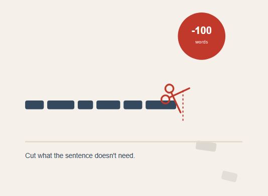 Scissors cutting a row of word blocks down by 100 words