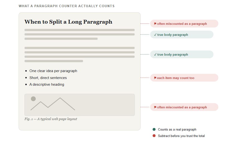 Diagram of a web page layout showing which elements a paragraph counter often miscounts — headings, list items, and image captions — versus true body paragraphs.