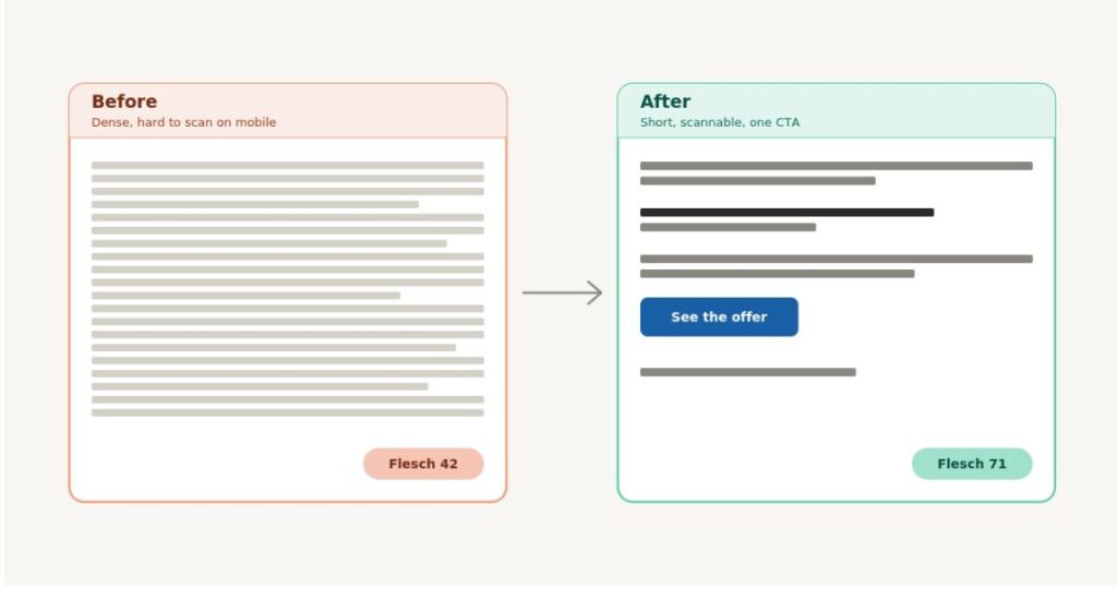Side-by-side comparison of a cluttered marketing email and a clean, scannable version with a readability score badge