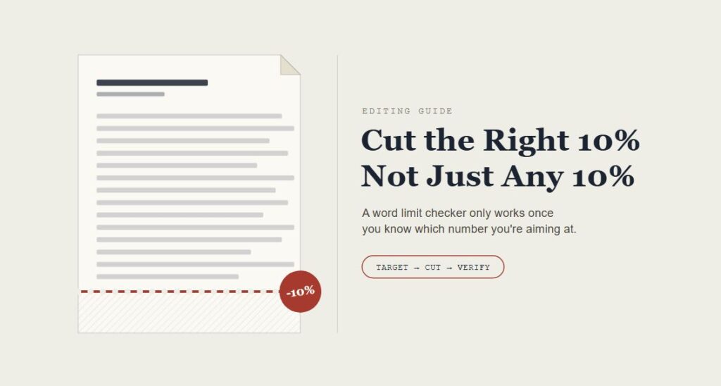 An open manuscript page with a red perforated trim line cutting off its final lines of text, beside the headline 'Cut the Right 10%, Not Just Any 10%