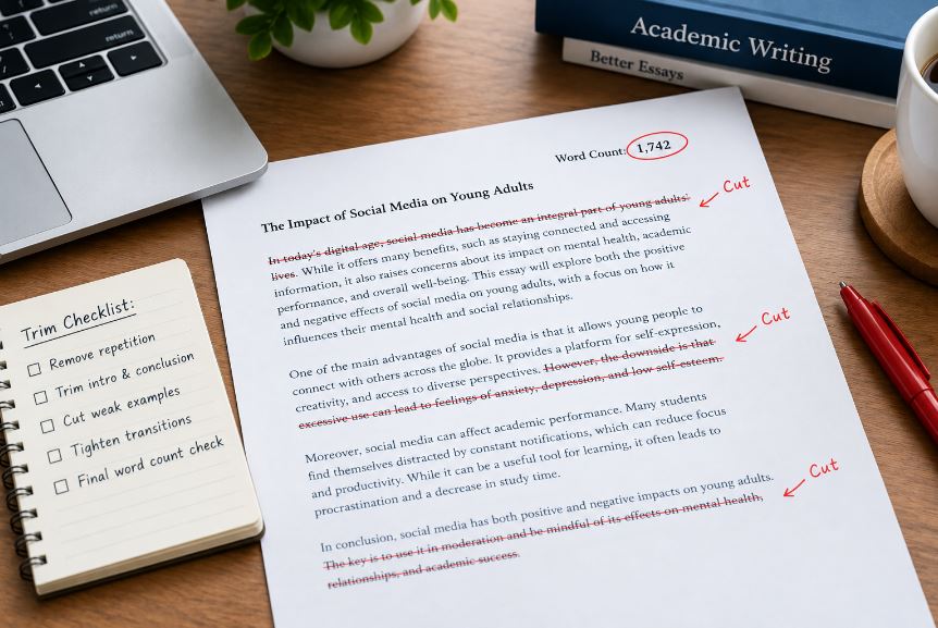 Printed 1,742-word essay marked with red editing notes and a trim checklist, illustrating how to cut an essay down to 1,500 words.