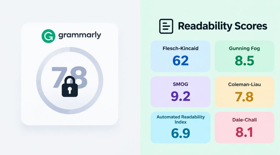 Comparison graphic showing Grammarly's single locked readability score versus multiple visible readability formula scores