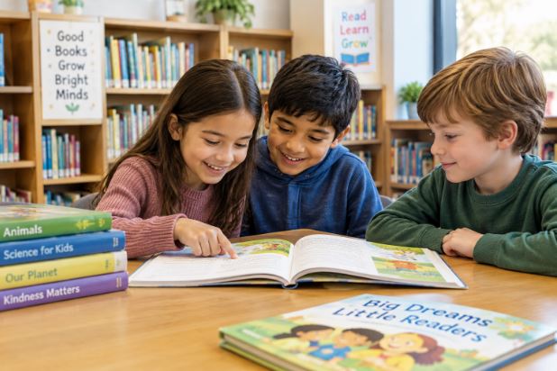 Kids reading in a library. This lands next to the "children's books and early-reader content" bullet — the single clearest, most visual use case in that list, and a good one to signal what kind of content this section is actually for.