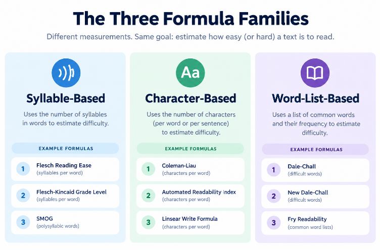 Diagram of the three readability formula families: syllable-based, character-based, and word-list-based
