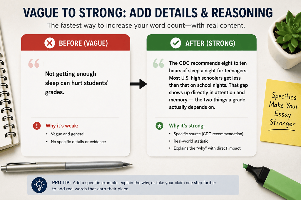 Before-and-after comparison showing how a vague essay sentence becomes stronger with specific evidence and reasoning.