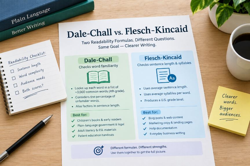 Dale-Chall vs. Flesch-Kincaid readability formulas compared on a desk, showing how each measures reading difficulty and which audiences each formula suits.