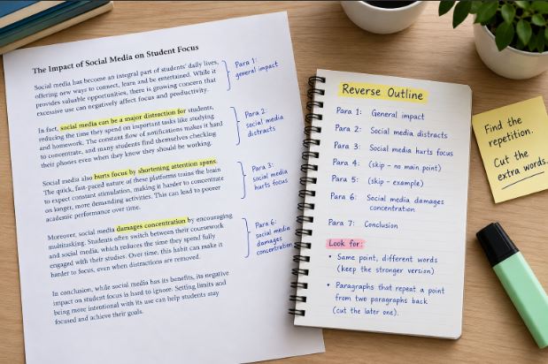 Reverse outline worksheet showing an essay's repeated arguments highlighted and marked for removal to reduce word count.