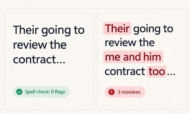 The same sentence shown twice: with no spelling flags, and with three grammar mistakes highlighted.