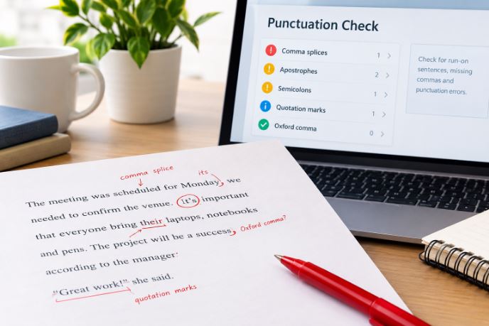 A red pen marking punctuation errors on a printed document beside a laptop displaying a punctuation checker for commas, apostrophes, semicolons, and quotation marks.